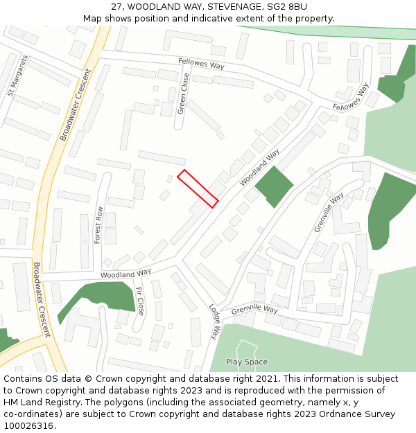 27, WOODLAND WAY, STEVENAGE, SG2 8BU: Location map and indicative extent of plot
