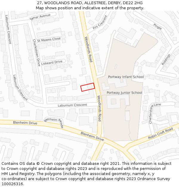 27, WOODLANDS ROAD, ALLESTREE, DERBY, DE22 2HG: Location map and indicative extent of plot