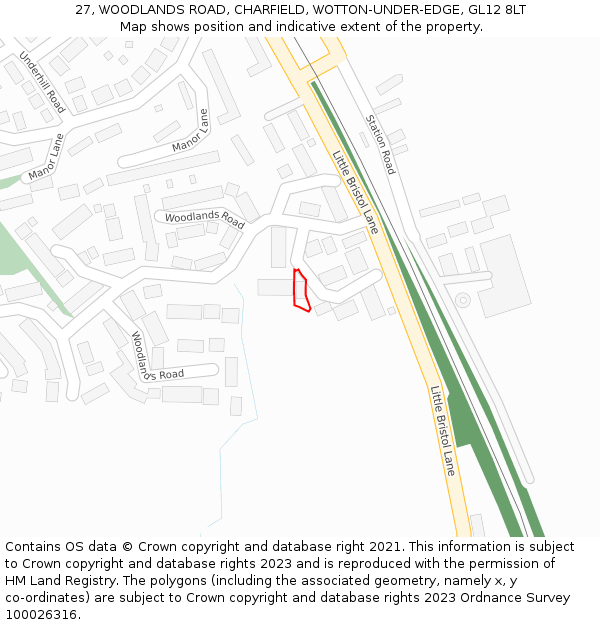 27, WOODLANDS ROAD, CHARFIELD, WOTTON-UNDER-EDGE, GL12 8LT: Location map and indicative extent of plot