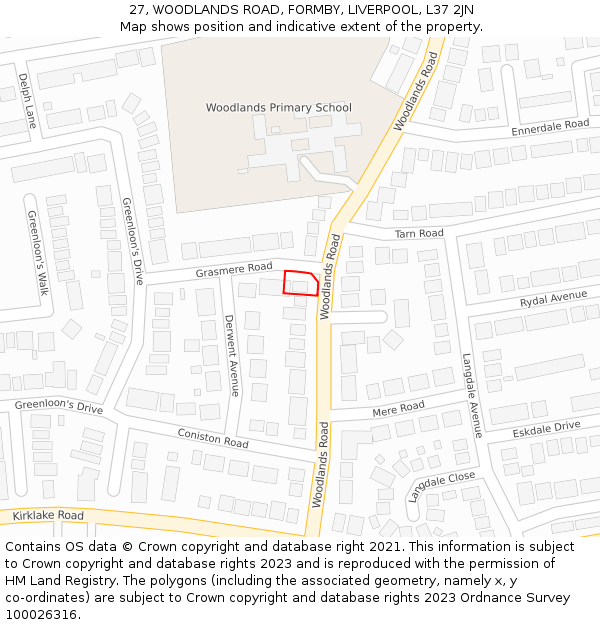 27, WOODLANDS ROAD, FORMBY, LIVERPOOL, L37 2JN: Location map and indicative extent of plot