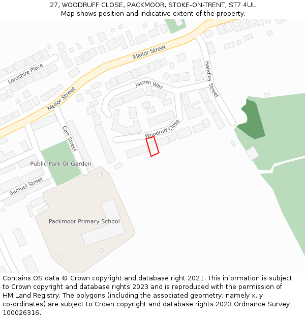 27, WOODRUFF CLOSE, PACKMOOR, STOKE-ON-TRENT, ST7 4UL: Location map and indicative extent of plot