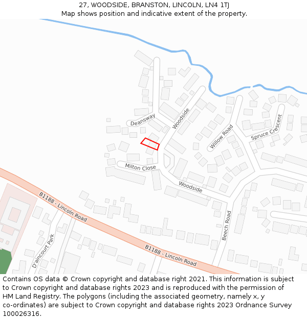 27, WOODSIDE, BRANSTON, LINCOLN, LN4 1TJ: Location map and indicative extent of plot