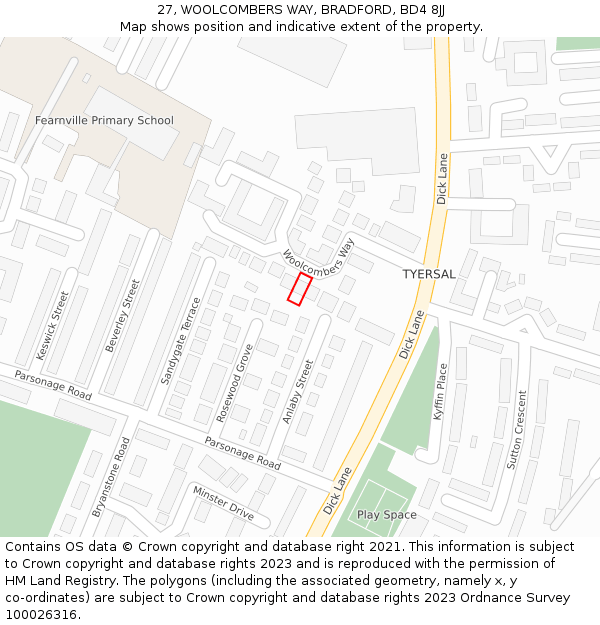 27, WOOLCOMBERS WAY, BRADFORD, BD4 8JJ: Location map and indicative extent of plot