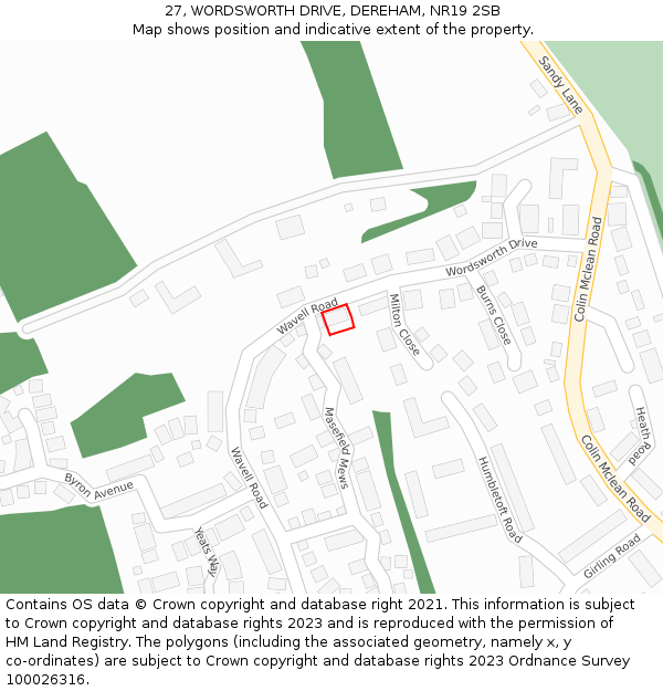 27, WORDSWORTH DRIVE, DEREHAM, NR19 2SB: Location map and indicative extent of plot