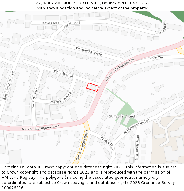27, WREY AVENUE, STICKLEPATH, BARNSTAPLE, EX31 2EA: Location map and indicative extent of plot