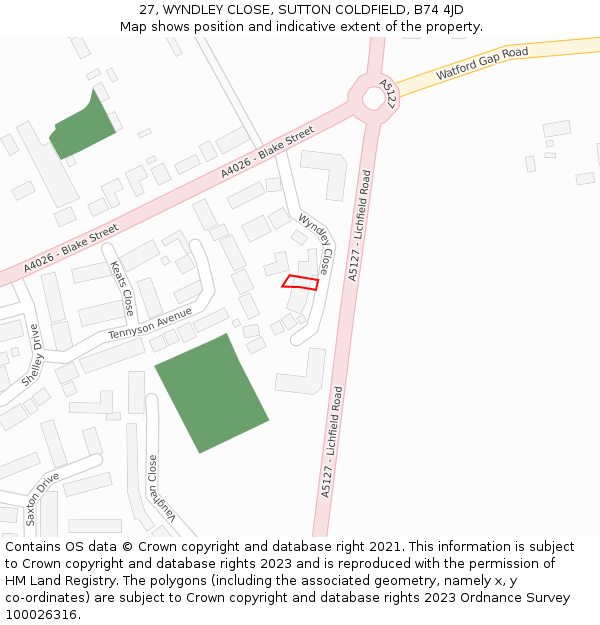 27, WYNDLEY CLOSE, SUTTON COLDFIELD, B74 4JD: Location map and indicative extent of plot