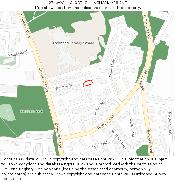 27, WYVILL CLOSE, GILLINGHAM, ME8 9NE: Location map and indicative extent of plot