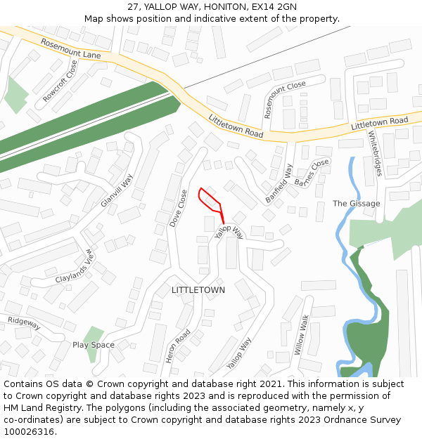 27, YALLOP WAY, HONITON, EX14 2GN: Location map and indicative extent of plot
