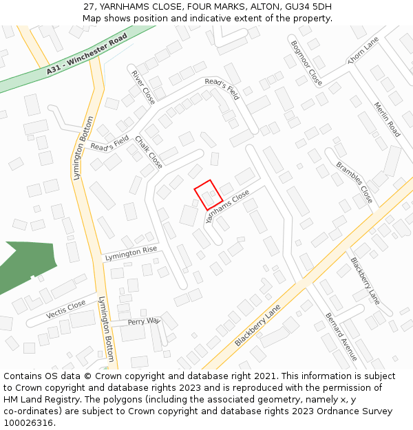 27, YARNHAMS CLOSE, FOUR MARKS, ALTON, GU34 5DH: Location map and indicative extent of plot