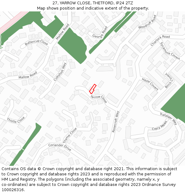 27, YARROW CLOSE, THETFORD, IP24 2TZ: Location map and indicative extent of plot