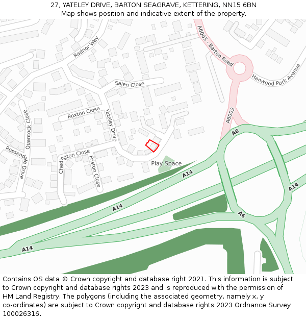 27, YATELEY DRIVE, BARTON SEAGRAVE, KETTERING, NN15 6BN: Location map and indicative extent of plot