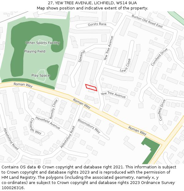 27, YEW TREE AVENUE, LICHFIELD, WS14 9UA: Location map and indicative extent of plot