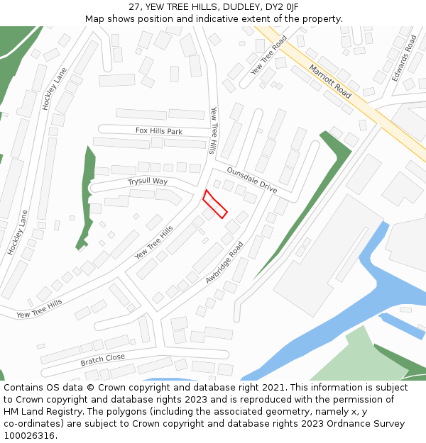 27, YEW TREE HILLS, DUDLEY, DY2 0JF: Location map and indicative extent of plot