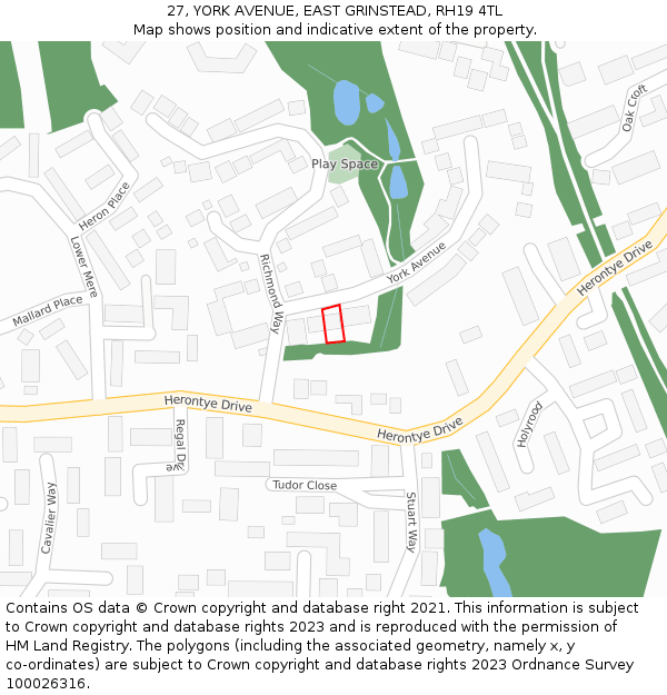 27, YORK AVENUE, EAST GRINSTEAD, RH19 4TL: Location map and indicative extent of plot