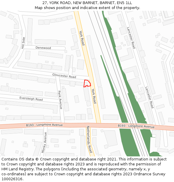 27, YORK ROAD, NEW BARNET, BARNET, EN5 1LL: Location map and indicative extent of plot