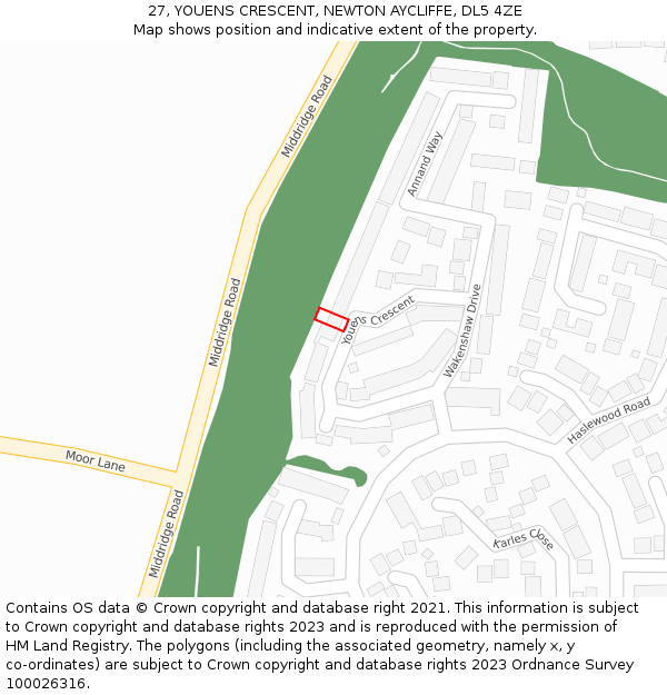 27, YOUENS CRESCENT, NEWTON AYCLIFFE, DL5 4ZE: Location map and indicative extent of plot