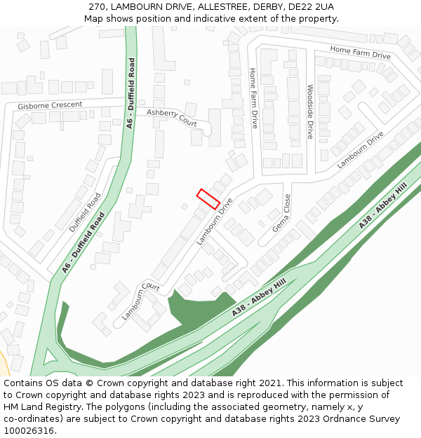 270, LAMBOURN DRIVE, ALLESTREE, DERBY, DE22 2UA: Location map and indicative extent of plot