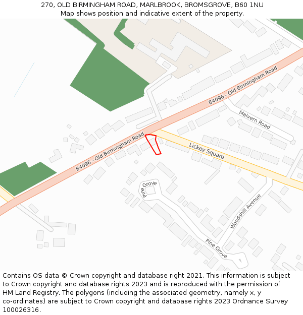 270, OLD BIRMINGHAM ROAD, MARLBROOK, BROMSGROVE, B60 1NU: Location map and indicative extent of plot