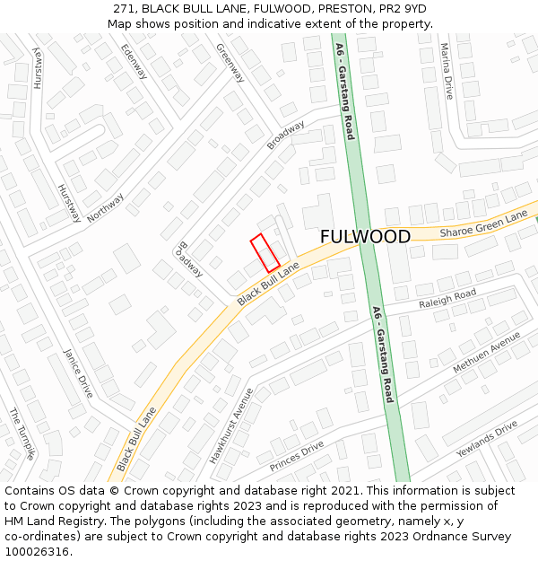 271, BLACK BULL LANE, FULWOOD, PRESTON, PR2 9YD: Location map and indicative extent of plot