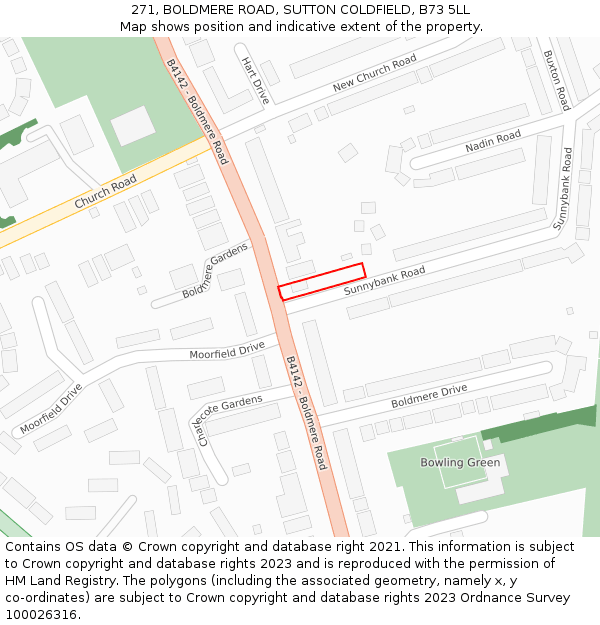 271, BOLDMERE ROAD, SUTTON COLDFIELD, B73 5LL: Location map and indicative extent of plot