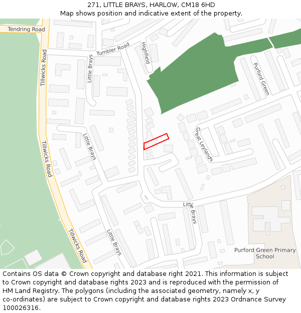 271, LITTLE BRAYS, HARLOW, CM18 6HD: Location map and indicative extent of plot