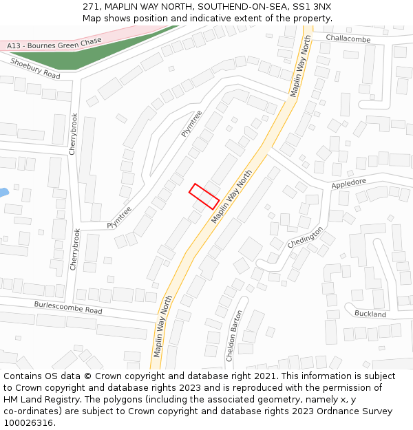 271, MAPLIN WAY NORTH, SOUTHEND-ON-SEA, SS1 3NX: Location map and indicative extent of plot