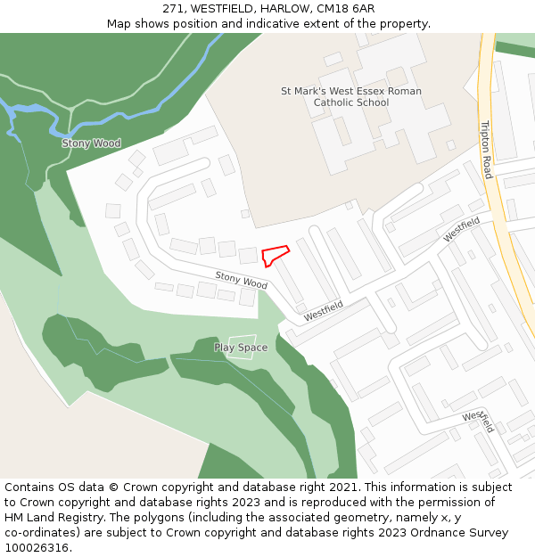 271, WESTFIELD, HARLOW, CM18 6AR: Location map and indicative extent of plot