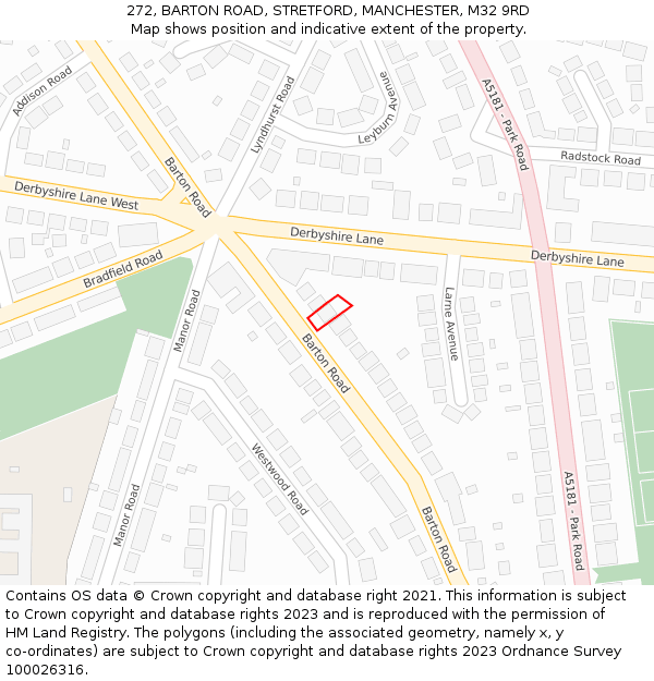272, BARTON ROAD, STRETFORD, MANCHESTER, M32 9RD: Location map and indicative extent of plot