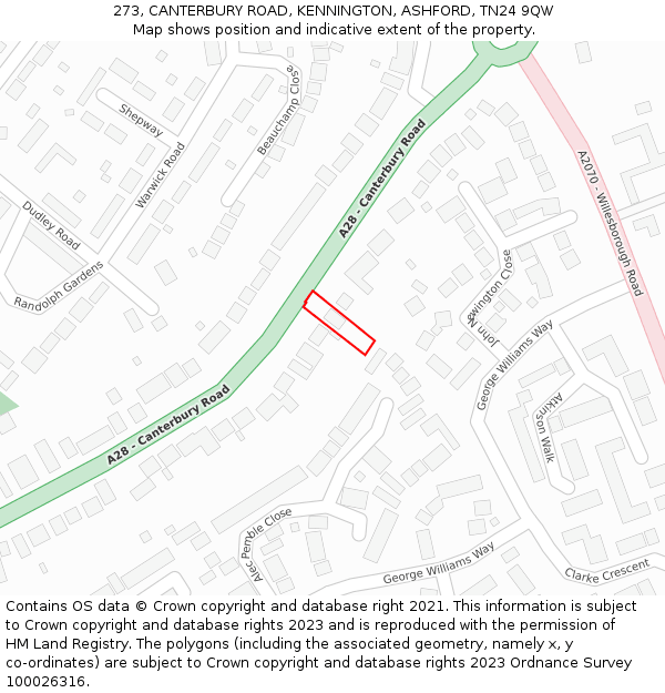 273, CANTERBURY ROAD, KENNINGTON, ASHFORD, TN24 9QW: Location map and indicative extent of plot