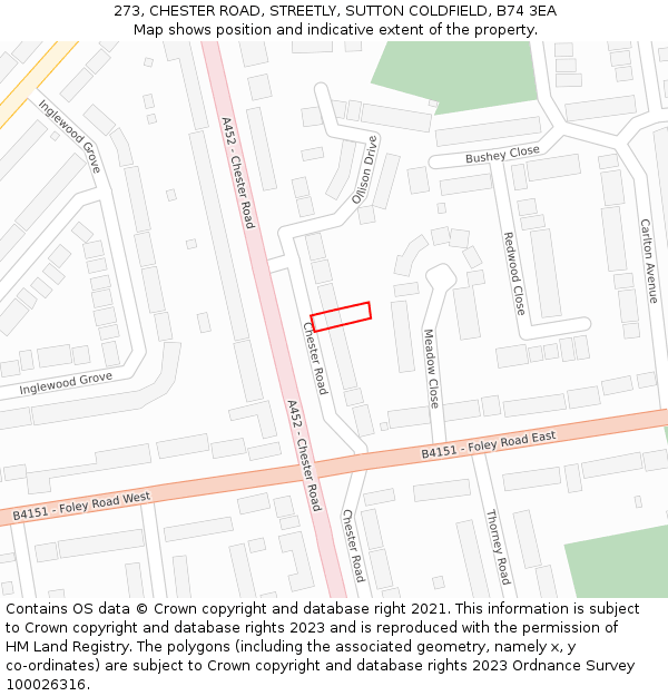 273, CHESTER ROAD, STREETLY, SUTTON COLDFIELD, B74 3EA: Location map and indicative extent of plot