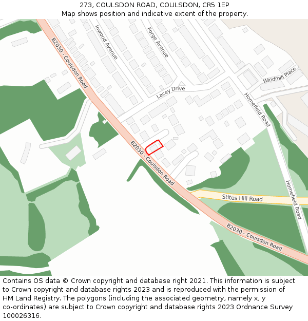 273, COULSDON ROAD, COULSDON, CR5 1EP: Location map and indicative extent of plot