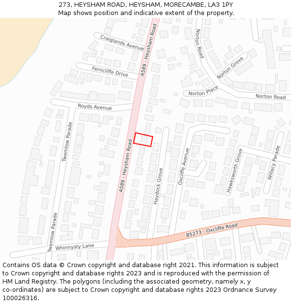 273, HEYSHAM ROAD, HEYSHAM, MORECAMBE, LA3 1PY: Location map and indicative extent of plot