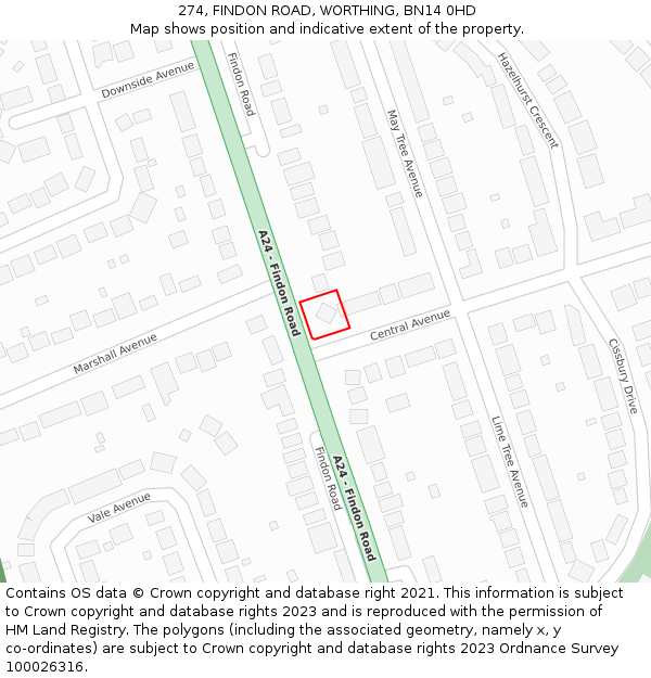 274, FINDON ROAD, WORTHING, BN14 0HD: Location map and indicative extent of plot