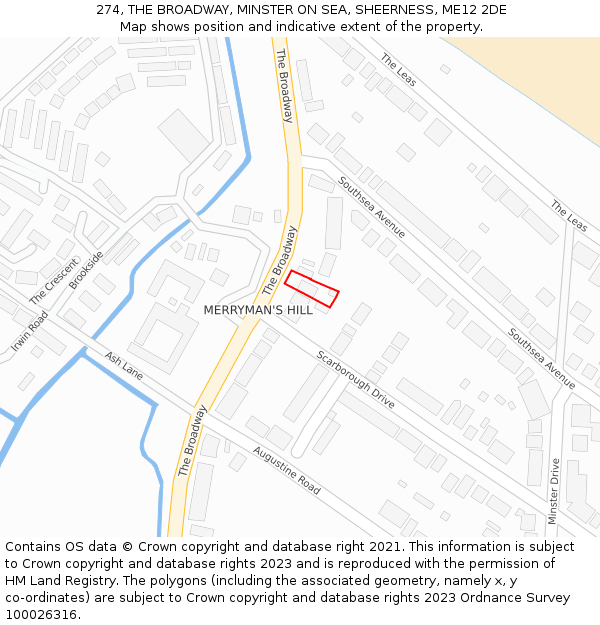 274, THE BROADWAY, MINSTER ON SEA, SHEERNESS, ME12 2DE: Location map and indicative extent of plot