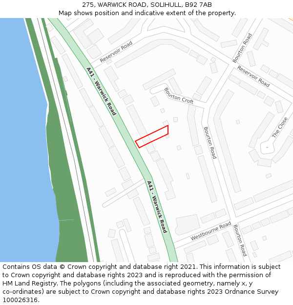 275, WARWICK ROAD, SOLIHULL, B92 7AB: Location map and indicative extent of plot