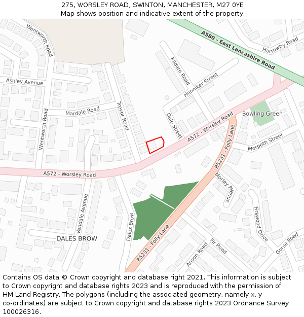 275, WORSLEY ROAD, SWINTON, MANCHESTER, M27 0YE: Location map and indicative extent of plot