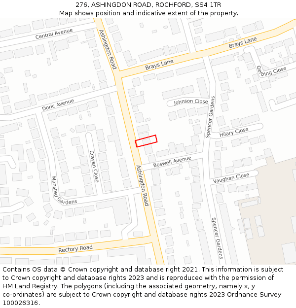 276, ASHINGDON ROAD, ROCHFORD, SS4 1TR: Location map and indicative extent of plot