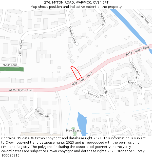 276, MYTON ROAD, WARWICK, CV34 6PT: Location map and indicative extent of plot