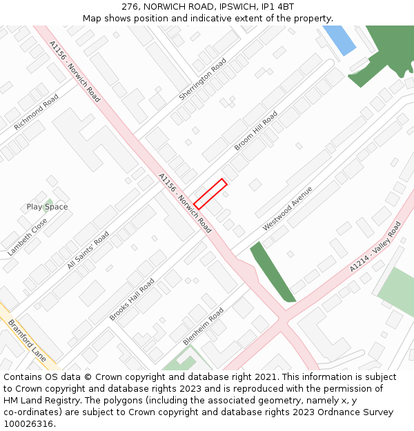 276, NORWICH ROAD, IPSWICH, IP1 4BT: Location map and indicative extent of plot