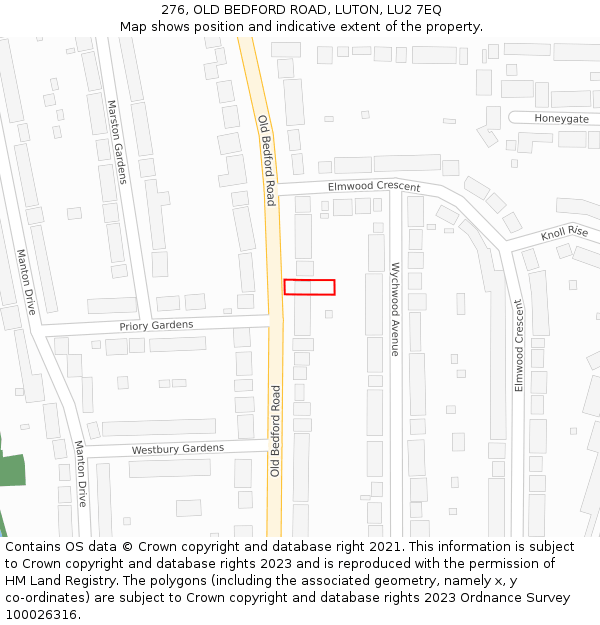 276, OLD BEDFORD ROAD, LUTON, LU2 7EQ: Location map and indicative extent of plot