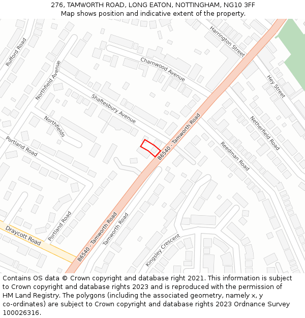 276, TAMWORTH ROAD, LONG EATON, NOTTINGHAM, NG10 3FF: Location map and indicative extent of plot