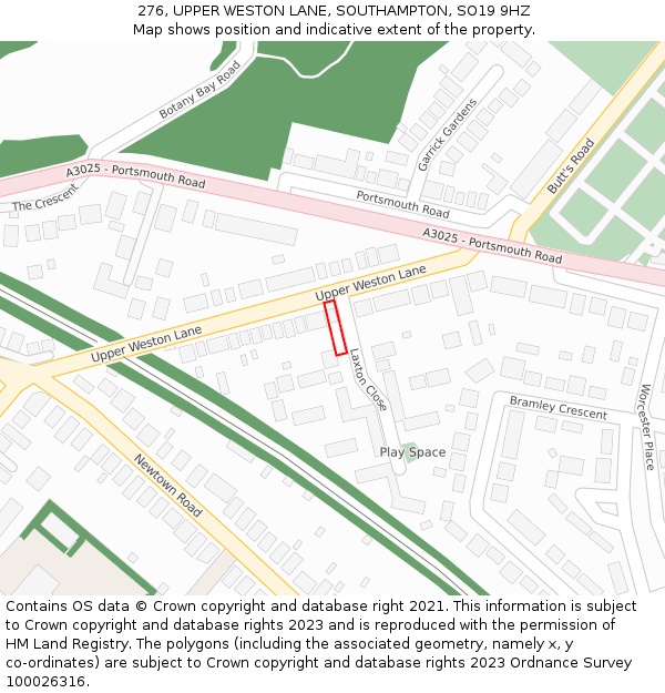 276, UPPER WESTON LANE, SOUTHAMPTON, SO19 9HZ: Location map and indicative extent of plot