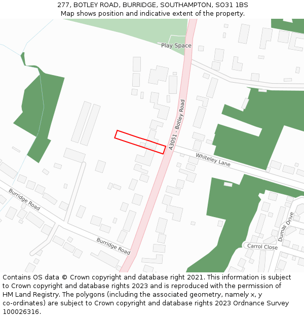 277, BOTLEY ROAD, BURRIDGE, SOUTHAMPTON, SO31 1BS: Location map and indicative extent of plot