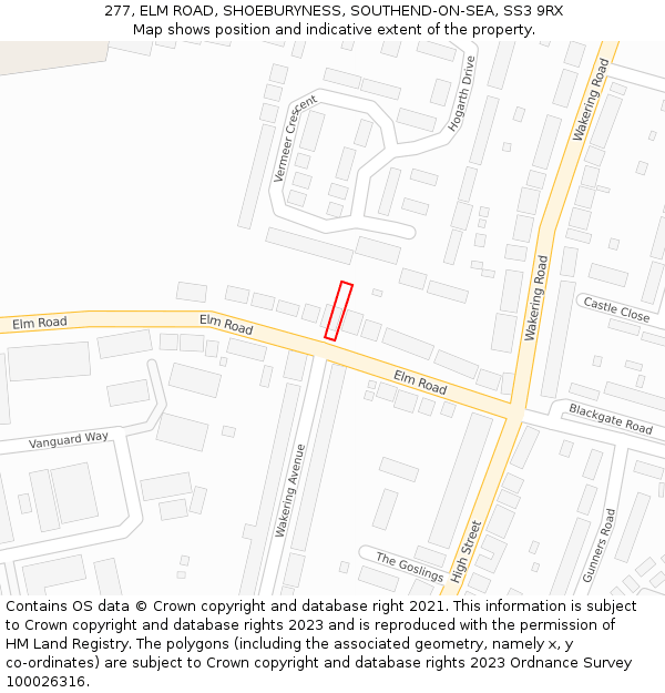 277, ELM ROAD, SHOEBURYNESS, SOUTHEND-ON-SEA, SS3 9RX: Location map and indicative extent of plot