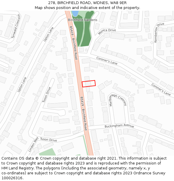 278, BIRCHFIELD ROAD, WIDNES, WA8 9ER: Location map and indicative extent of plot