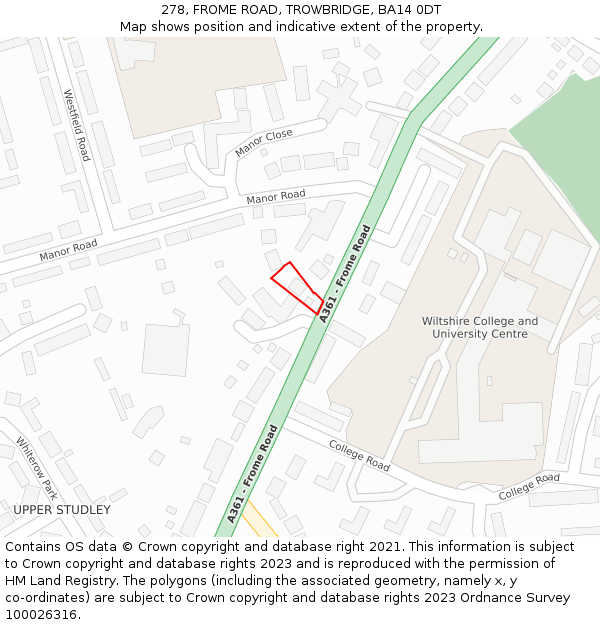 278, FROME ROAD, TROWBRIDGE, BA14 0DT: Location map and indicative extent of plot