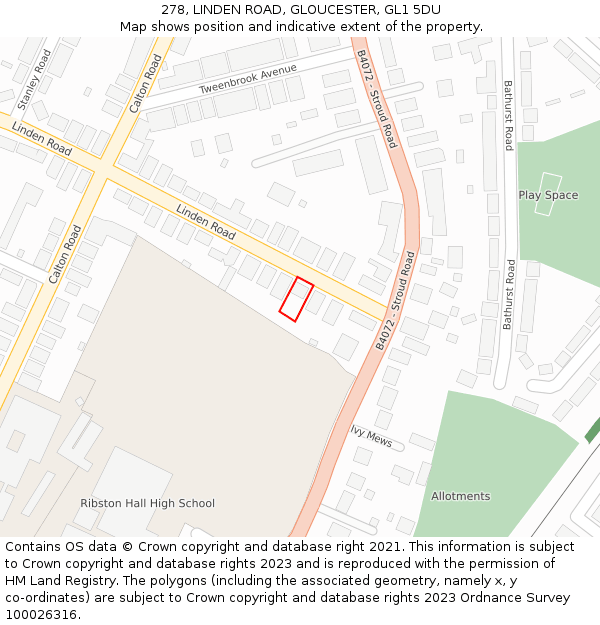 278, LINDEN ROAD, GLOUCESTER, GL1 5DU: Location map and indicative extent of plot