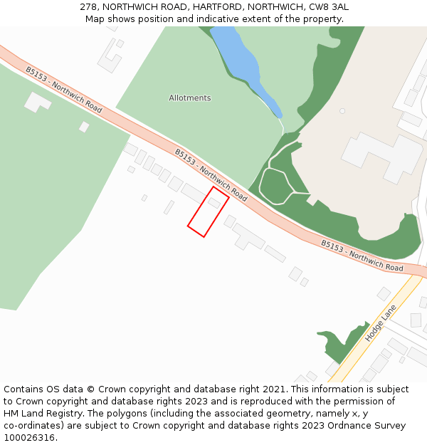 278, NORTHWICH ROAD, HARTFORD, NORTHWICH, CW8 3AL: Location map and indicative extent of plot