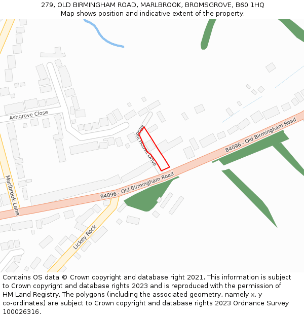 279, OLD BIRMINGHAM ROAD, MARLBROOK, BROMSGROVE, B60 1HQ: Location map and indicative extent of plot