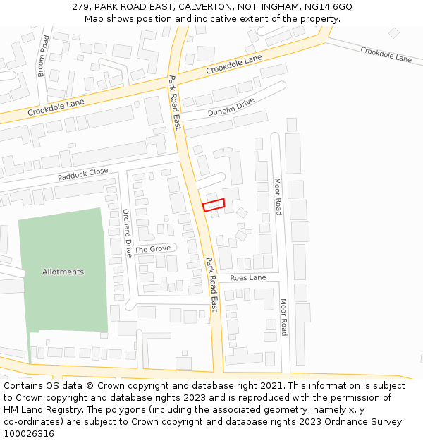 279, PARK ROAD EAST, CALVERTON, NOTTINGHAM, NG14 6GQ: Location map and indicative extent of plot